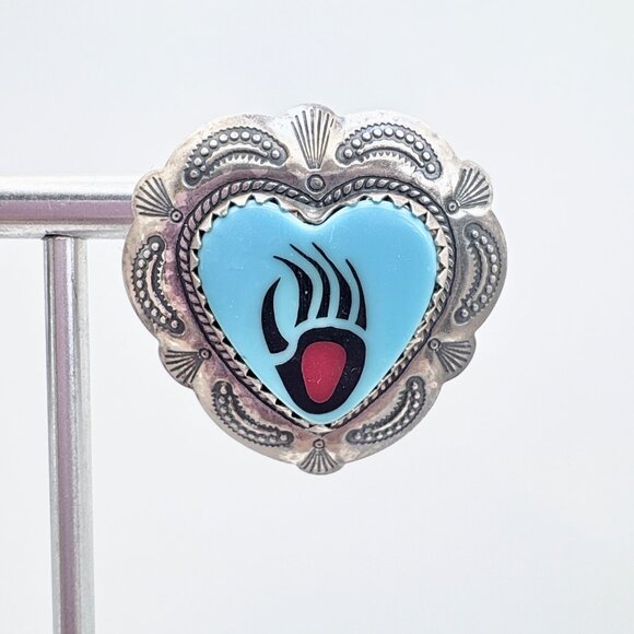 VTG Sterling Silver 925 Turquoise Bear Paw Heart Earrings Size 1" Length - Picture 2 of 11